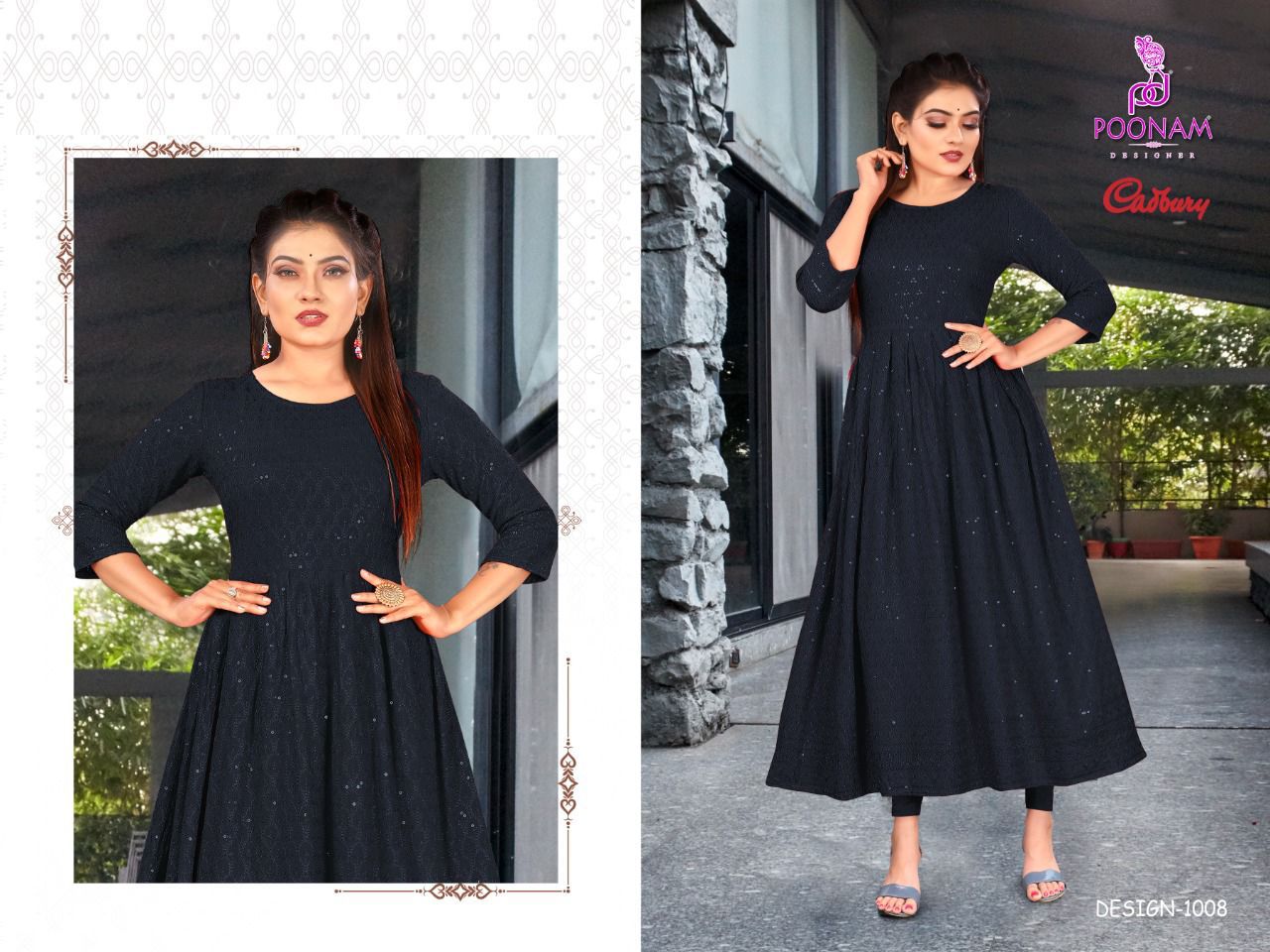 Poonam Gown Cadbury Rayon Lucknowi Ethnic Wear Fancy Anarklai Kurti Collection